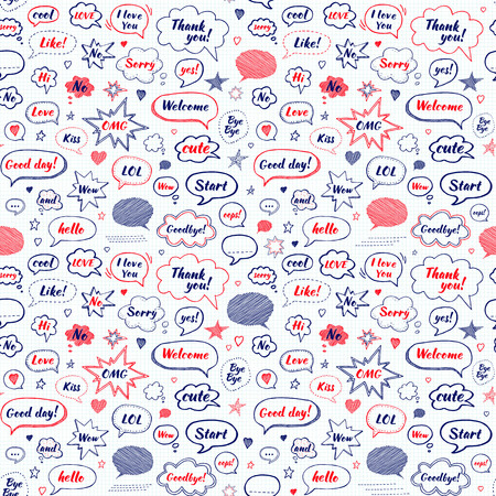 Hand drawn set of speech bubbles with dialog words: Hi, Love, Sorry, Welcome, Bye. Vector seamless pattern. Endless abstract backgroundのイラスト素材