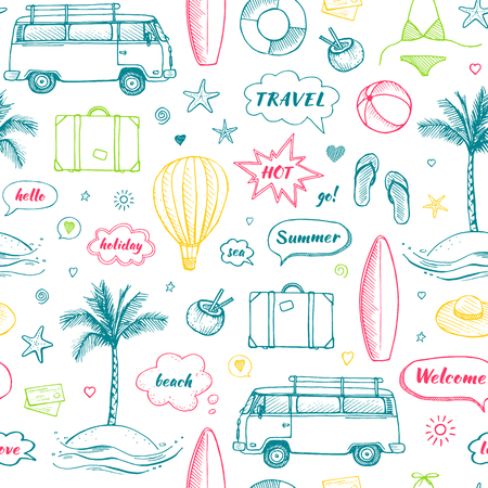 Pattern of hand drawn travel doodle. Tourism and summer sketch with travelling elements and speech bubbles.のイラスト素材