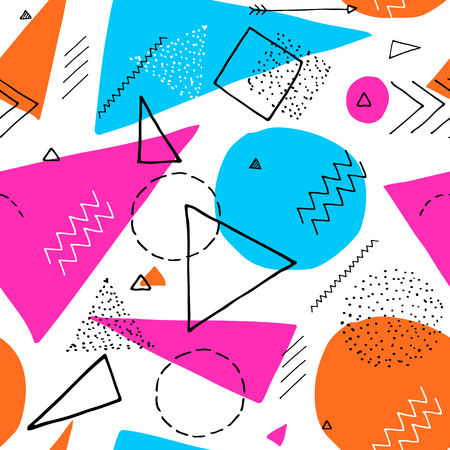 Memphis design 80's geometric style seamless pattern. Hand drawn set. Colorful pattern with different shapes objectsのイラスト素材