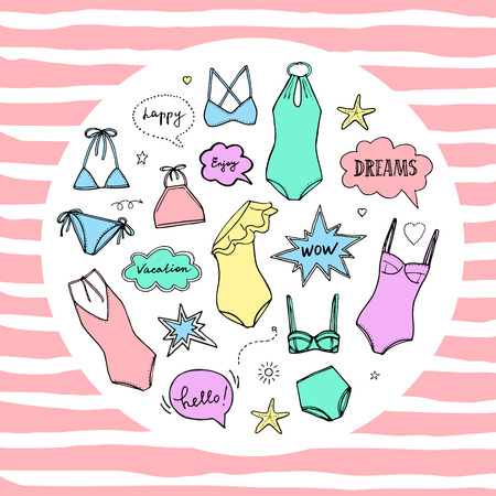 Summer swimming suits collection. Swimsuit sketch for summer vacation. Doodle bikini set.のイラスト素材