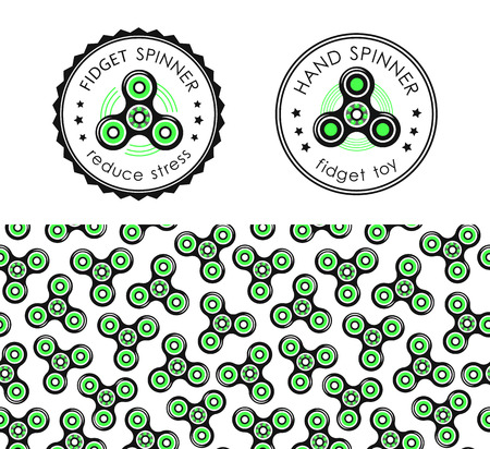 Hand Spinner emblems and seamless pattern, illustration on white backdrop.のイラスト素材