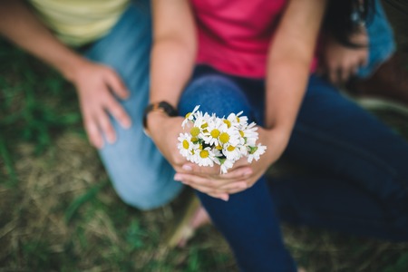 camomile in the hands of couple. close up
