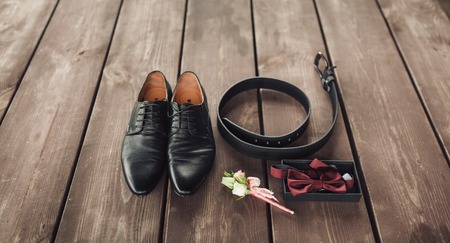Men's black leather dress shoes. wedding conceptの写真素材