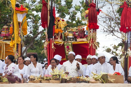 BALI, Indonesia - MAR 9, 2013: Local people during performed Melasti Ritual. Melasti is a Hindu...