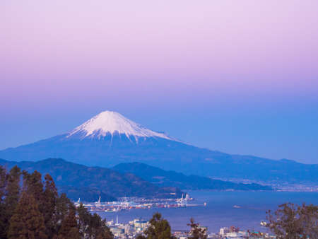 Mount Fuji, port and sea in winter sunsetの写真素材