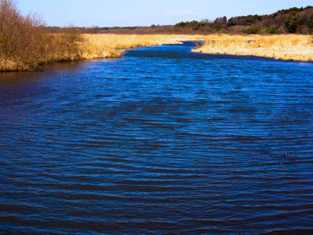Flowing river with autumn colors in the distance