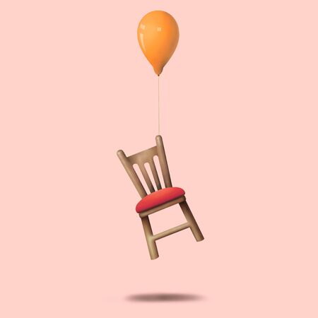 floating chair with orange balloon on pastel color background. 3d renderingの写真素材