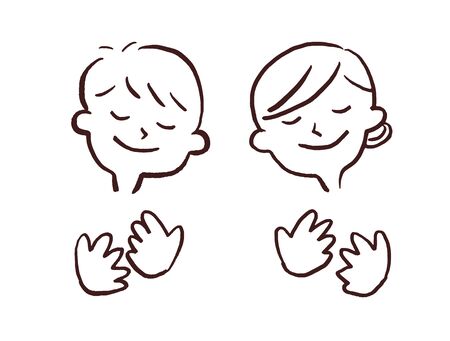 Illustration of a man and a woman smiling with their hands on their chestsの写真素材