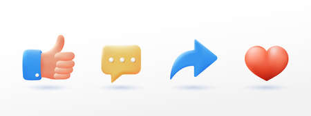 social media icon set thumbs, comment, share and love 3d style