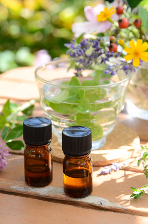 essential oils with herbal drink in gardenの写真素材