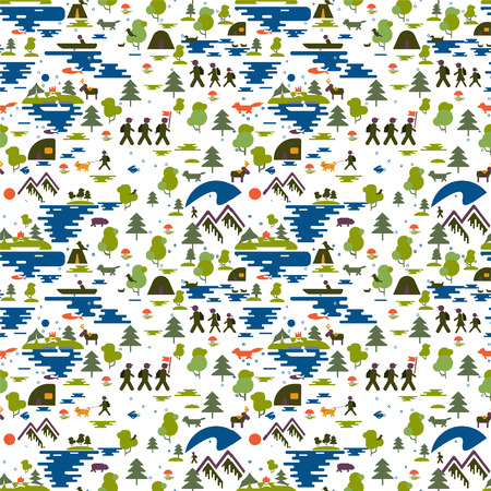 Icons of tourism in nature, the family goes on a hike, ecotourism, a fisherman in a boat, nature types mountains, forest, meadow, coniferous forest, field, sea, lake. Group of tourists traveling. Adventures and camping, tents, fireのイラスト素材