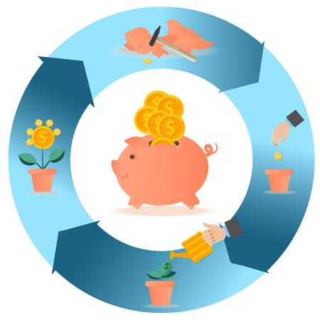 Piggy bank in various action. The concept of saving money. The concept of the contribution of money. Invests and bank deposits. Lovely pig and a lot of money. Accumulation of money and placement in a bank.のイラスト素材