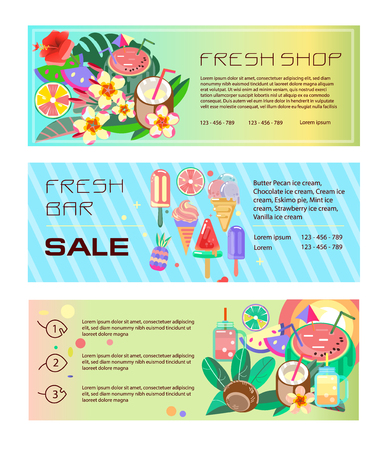 flyer template. Exotic fruits. Ecological products. Summer Sale. Cafes and snacks. Natural cocktails. Discount and bonus. Invitation to the storeのイラスト素材