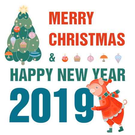 Cute pig. Merry Christmas and Happy New Year. Winter forest. Greeting cardのイラスト素材