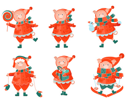 Vector illustration. Chinese calendar for the year of the pig 2019. Cute pig. Chinese horoscope. Symbol of the year. Set of funny piglets. Color of Christmas and New Year.のイラスト素材