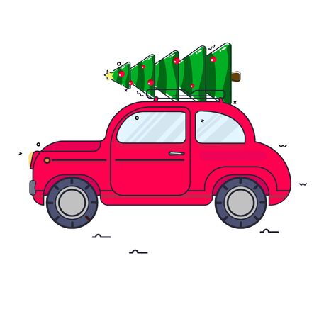 New Year. The red car carries a Christmas tree. Vector vintage imageのイラスト素材