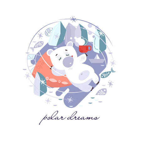 Vector winter illustration of a sleeping polar bear. Winter elements of plants and fish. New Year. Winter picture snow. Cute bear in a den. Text template, flat imageのイラスト素材