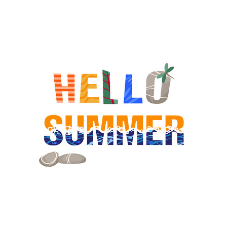 hello summer. The phrase is styled tropical leaves and sea waves. Letters are hand-drawnのイラスト素材