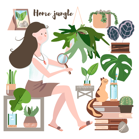 Girl spending time at greenhouse or home gardens. Urban jungle, trendy illustration with home decor, plants, girl planter, cacti, tropical leaves, house flowers. Young woman take care of plantsのイラスト素材