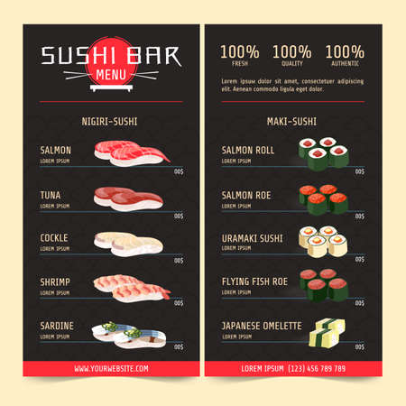 Sushi menu, sushi bar. Japanese cuisine or Asian restaurant. Restaurant cafe menu, template design. Vector illustration of soy sauce, salmon fish sushi roll or tunaのイラスト素材
