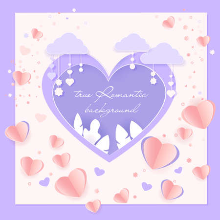 Valentine cards with paper design, contain pink and purple hearts and clouds held by a sting on topのイラスト素材