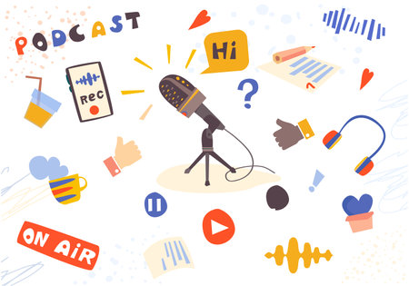 Podcast concept, live broadcast, on air. Podcast background with microphone, broadcast themes. Flat vector illustrationのイラスト素材