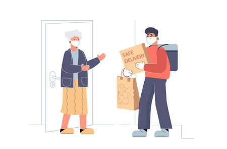 Courier wearing protective medical mask. Volunteer taking care of senior family during virus outbreak. Food Deliveryのイラスト素材