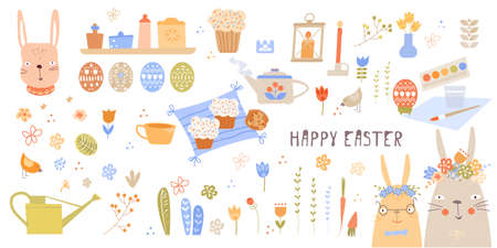 Vector Easter set with cute bunnies, chickens and eggs in cartoon style. Easter eggs. Kids illustrationのイラスト素材
