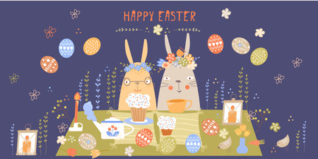 Vector Easter set with cute bunnies, chickens and eggs in cartoon style. Isolated on white. Kids...