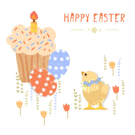 Vector Easter set with cute chickens and eggs in cartoon style. Easter eggs, Cake, wreath. Isolated on whiteのイラスト素材