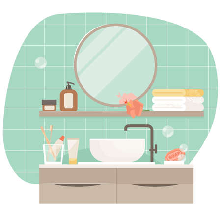 Bathroom interior design. Modern sink table, mirror and bath towels flat vector illustration. Empty bath room.のイラスト素材