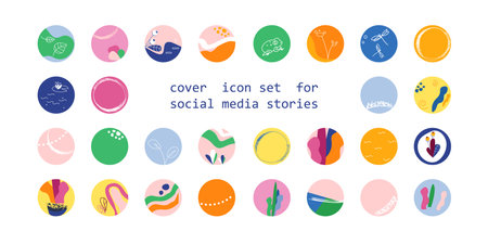 Cover icon set for social media stories. Abstract collection backgrounds with shapes, flowers doodleのイラスト素材