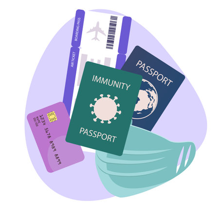 Concepts of reopening travel in new normal, virus pandemic. Illustration of airplane, passport, digital vaccine passportのイラスト素材