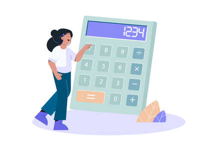 The woman with big Calculator. Girl is making calculations. financial audit or professional accounting servicesのイラスト素材