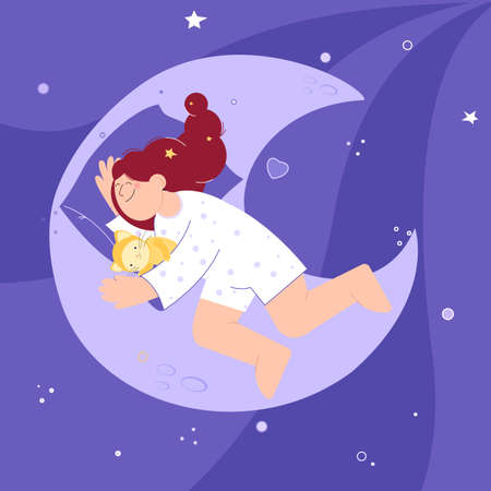 Woman is sleeping. Girl in pajamas and a cat are resting on the moon. Quiet sleep and relaxation. For childrens designのイラスト素材