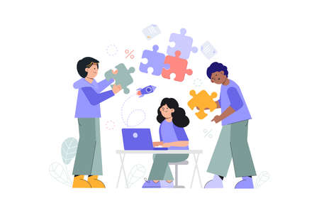 Team brainstorming, idea management. Conceptual template with group of people preparing Startup project. Development team, teamwork. Modern flat vector illustrationのイラスト素材