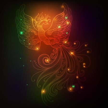 Firebird with stars vector clipart Glow neon colorsのイラスト素材