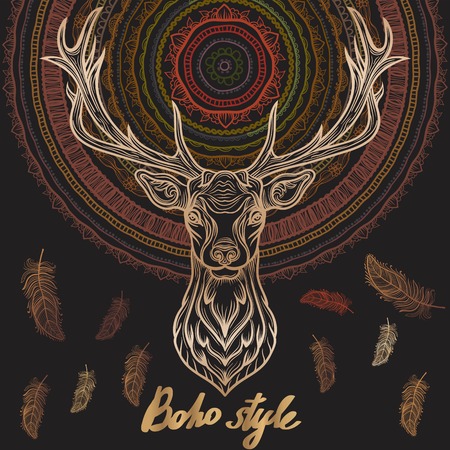 Deer with dream catcher mandala.  Boho Hipster Ezoteric Hippie design elements.のイラスト素材