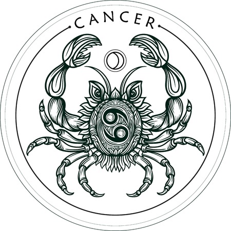 Hand drawn romantic beautiful line art of zodiac cancer. Vector illustration isolated. Ethnic design, mystic horoscope symbol for your use. Ideal for tattoo art, coloring books. Zentangle style.のイラスト素材