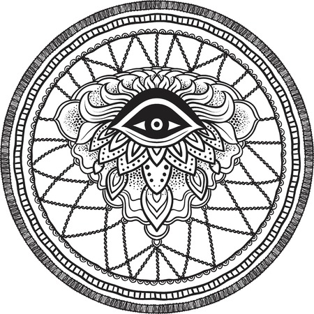 Native American Indian talisman dreamcatcher with eye. Ethnic,boho chic, tribal symbol. For Coloring book, tattoo, mehendi. Vector hipster illustration isolated on white.のイラスト素材