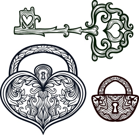 Elegant vintage keys and lock. Ornamental forged elements with curlicues. Hand drawing vector. Medieval, history, embellishment, t-shirt print or pendant design usage, coloring book, zentangle style.のイラスト素材
