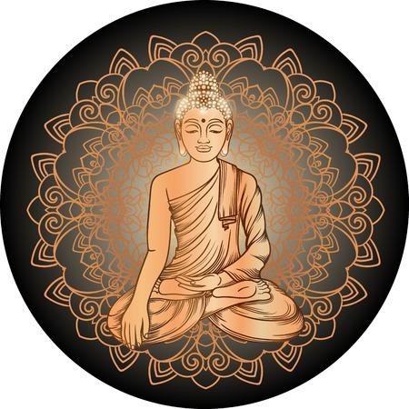 Buddha gautama with gold mandala vector illustration. Vintage decorative zentangle hand drawing. Indian, Buddhism, Spiritual budda motifs. Coloring book pages for adults. Tattoo doodle line artのイラスト素材