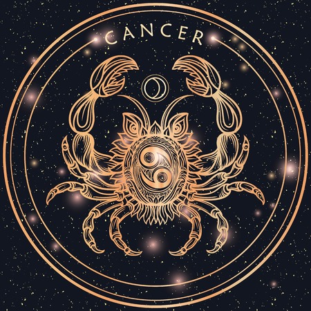 Hand drawn romantic beautiful filigree line art of zodiac cancer. Vector illustration isolated. Ethnic design, mystic horoscope symbol for your use. Ideal for tattoo art, coloring books. Zentangleのイラスト素材