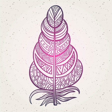 Artistically drawn, stylized, vector set of feathers. Vintage tribal zentangle boho style. Series of doodle pattern feather. Coloring for adults. Hipster tattoo. Mehendi body art element.のイラスト素材