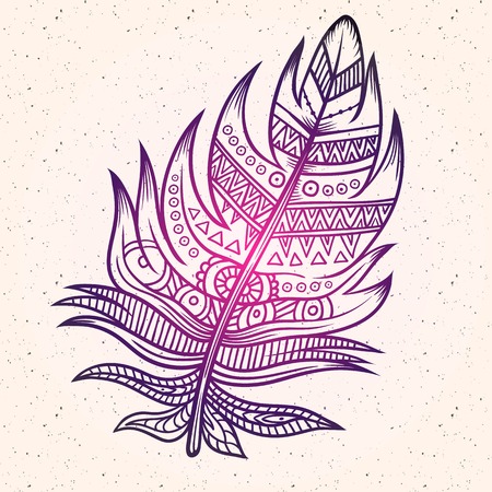 Artistically drawn, stylized, vector set of feathers. Vintage tribal zentangle boho style. Series of doodle pattern feather. Coloring for adults. Hipster tattoo. Mehendi body art element.のイラスト素材