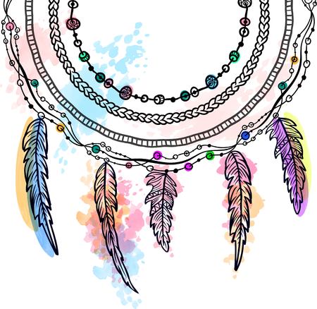 Template invitation with hand-drawn feathers, tribal hipster style. Zentangle doodle coloring, tattoo design. Watercolor hand drawn texture. Boho chic textileのイラスト素材