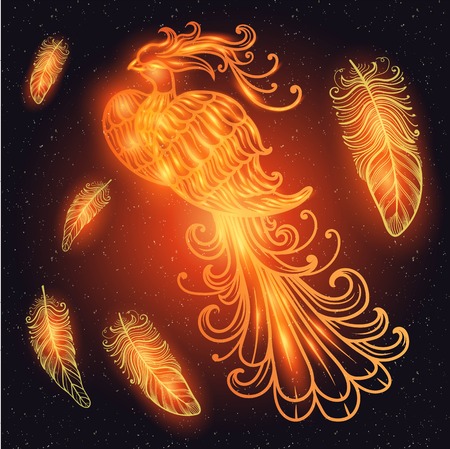 Magic space Firebird fire cock with stars. vector clipart Gold glow and glitter. Ornate Filigree. Boho zentangle line art doodle. Suitable for tattoos, body art, coloring, vintage new year designのイラスト素材