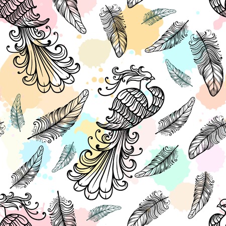 Firebird vector seamless pattern watercolor texture with feathers. Hand drawn doodle zentangle mythological birdのイラスト素材