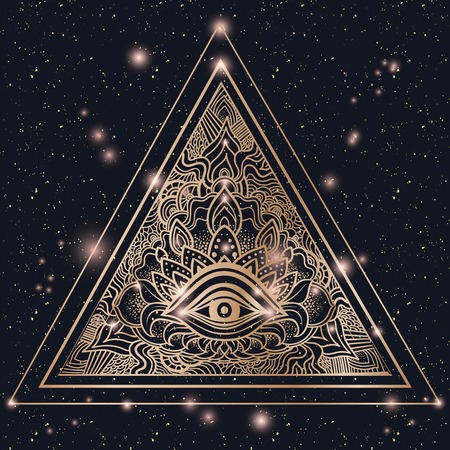 Eye of Providence. Masonic symbol. All seeing eye inside triangle gold glow pyramid. Hand-drawn...
