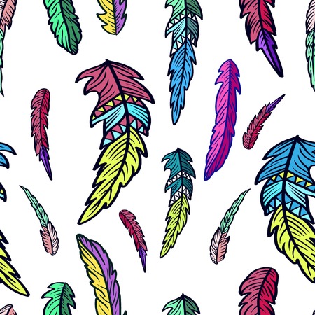 Seamless pattern of Ornamental Zentangle Boho Style Feathers.. Vector illustration. Tattoo template. Trendy hand drawn tribal symbol background. Hippie design elements. Coloring book pages for adults.のイラスト素材